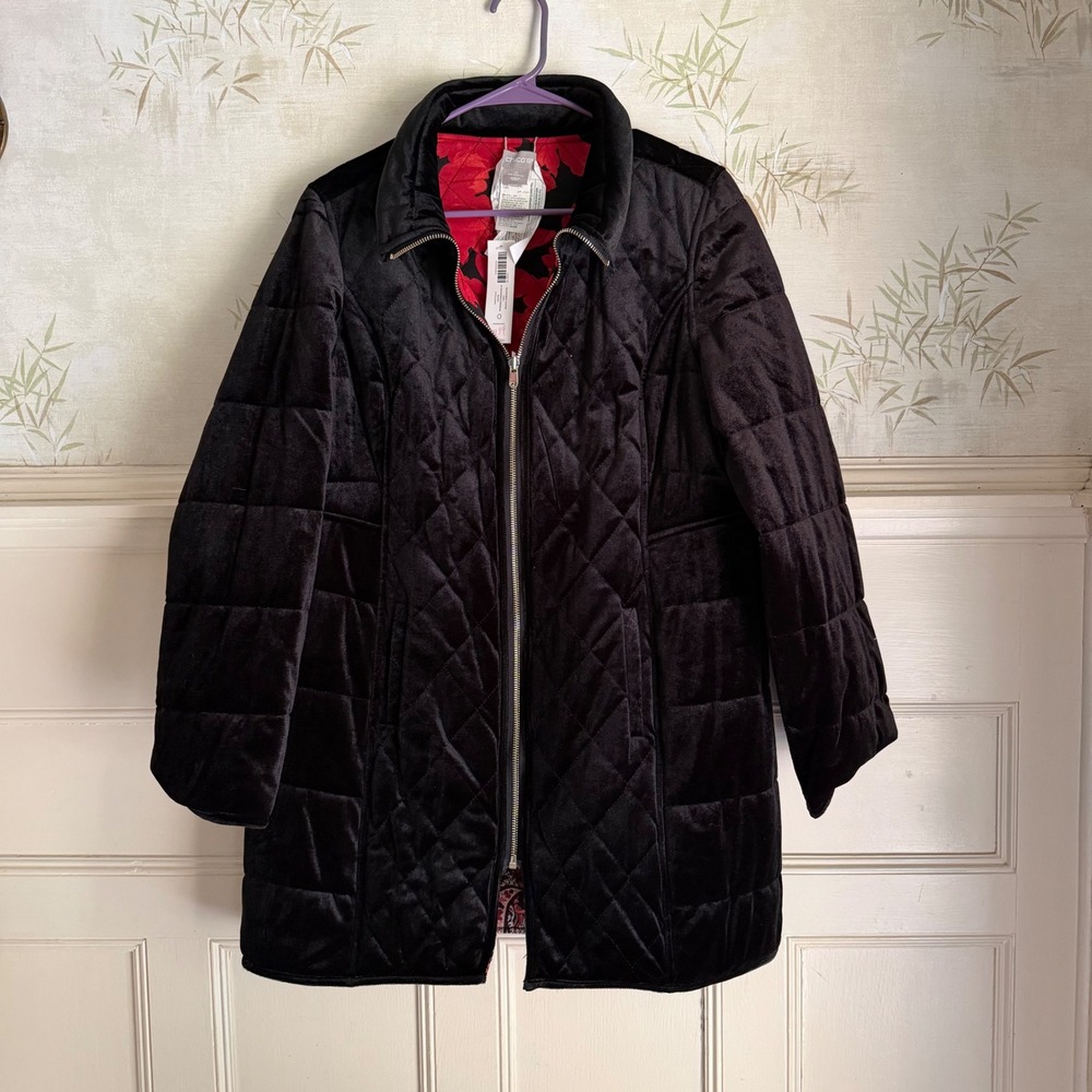NWT Chico's Reversible Puffer Coat Quilted Velvet Floral Paisley Zip Front Small